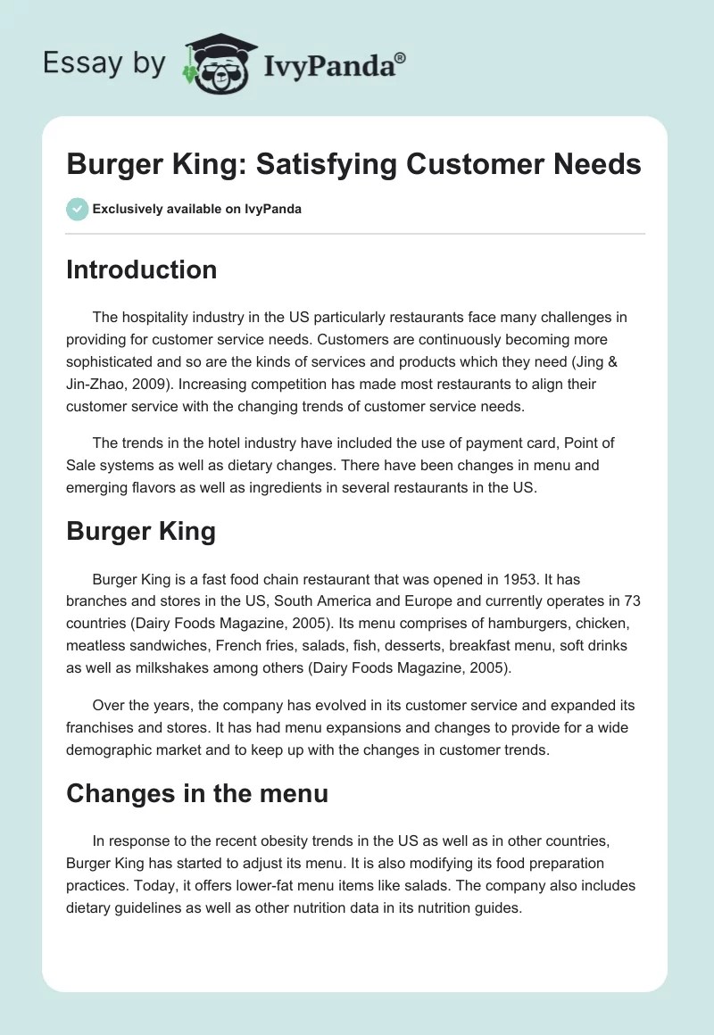 Burger King Satisfying Customer Needs 559 Words Essay Example