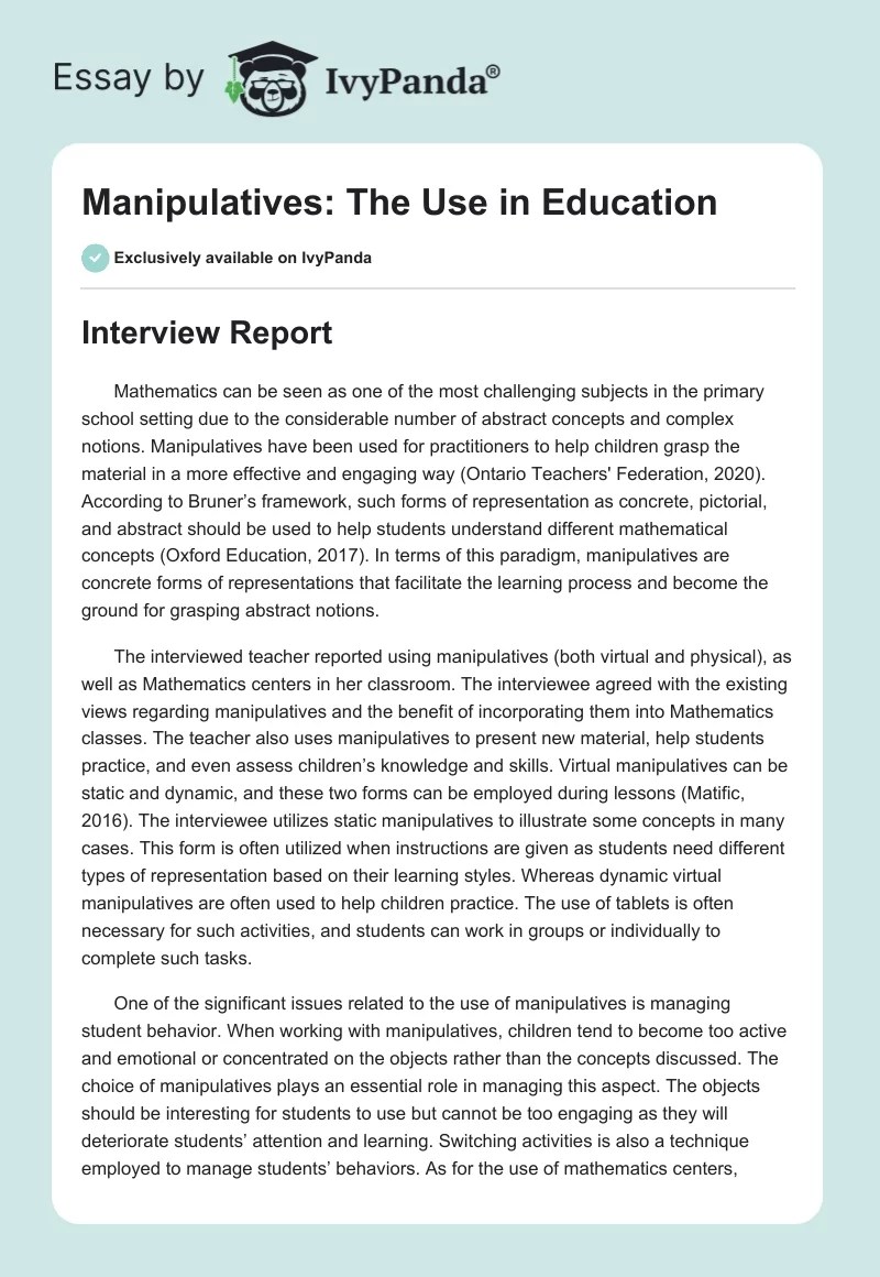 Manipulatives The Use in Education 875 Words Essay Example