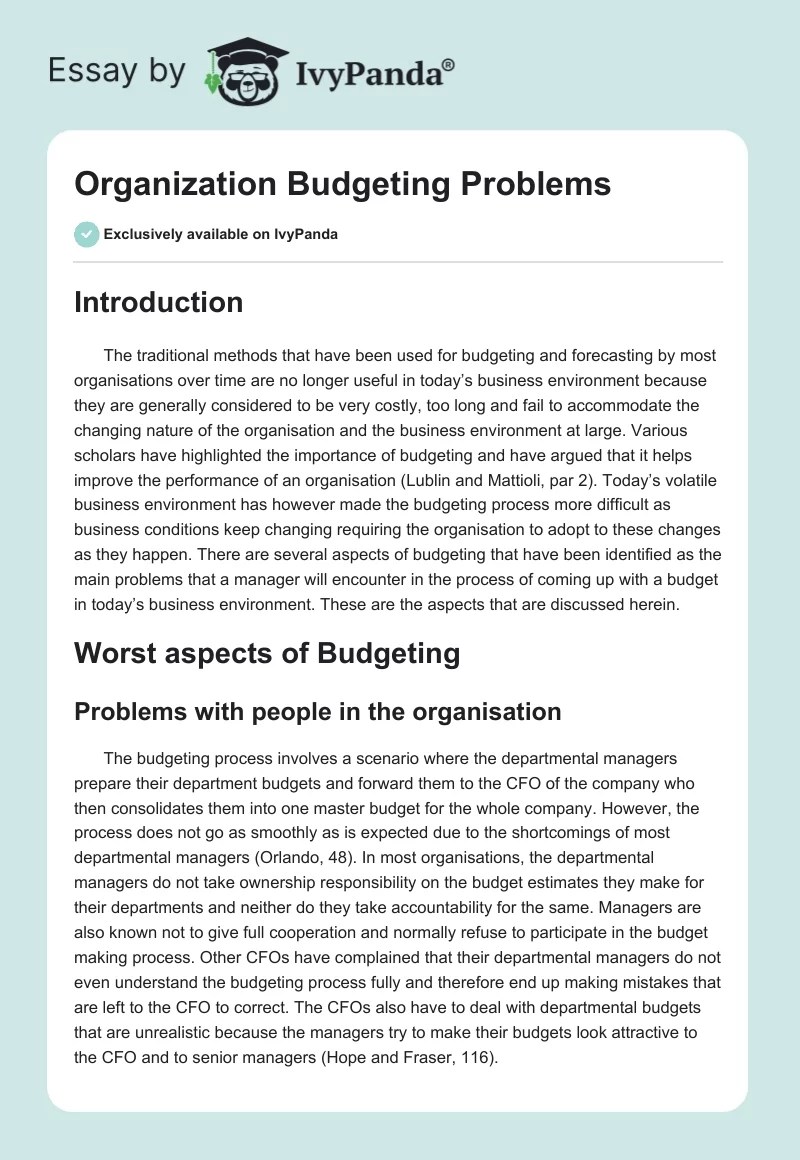 Organization Budgeting Problems 1402 Words Case Study Example