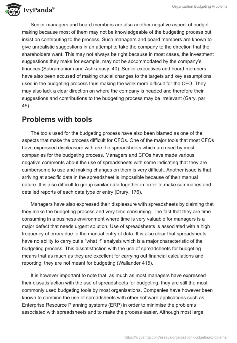 Organization Budgeting Problems 1402 Words Case Study Example