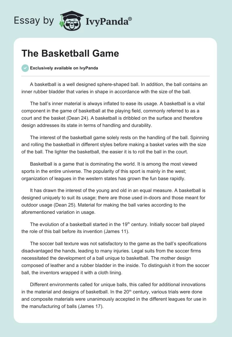 The Basketball Game 832 Words Essay Example