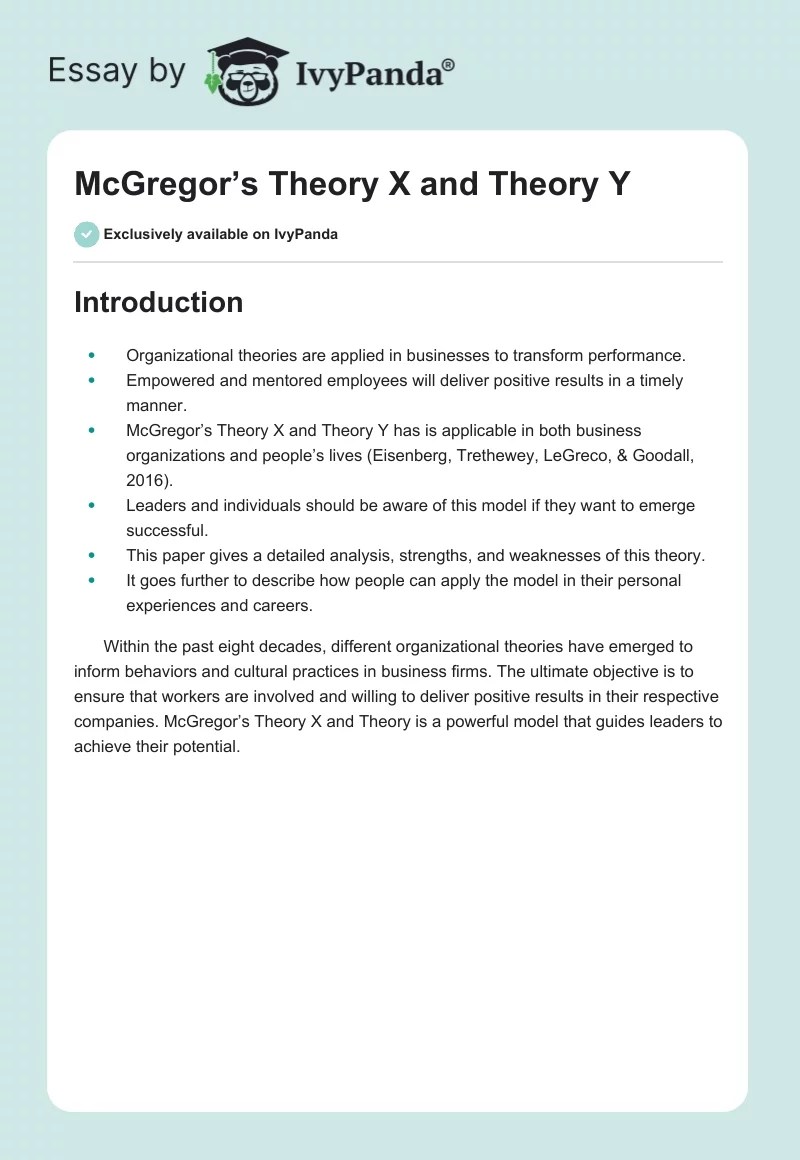 McGregor's Theory X and Theory Y 1155 Words Presentation Example