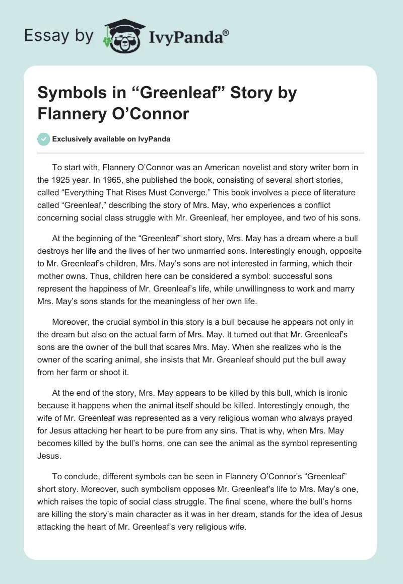 Symbols in "Greenleaf" Story by Flannery O'Connor 362 Words Essay