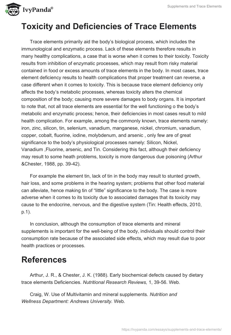 Supplements and Trace Elements 674 Words Term Paper Example