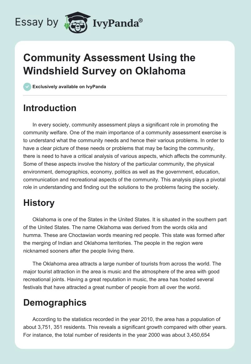 Community Assessment Using the Windshield Survey 1352 Words Assessment Example