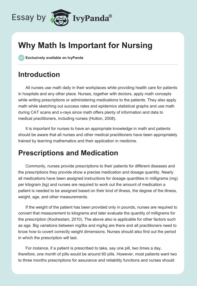 Why Math Is Important for Nursing 1680 Words Research Paper Example
