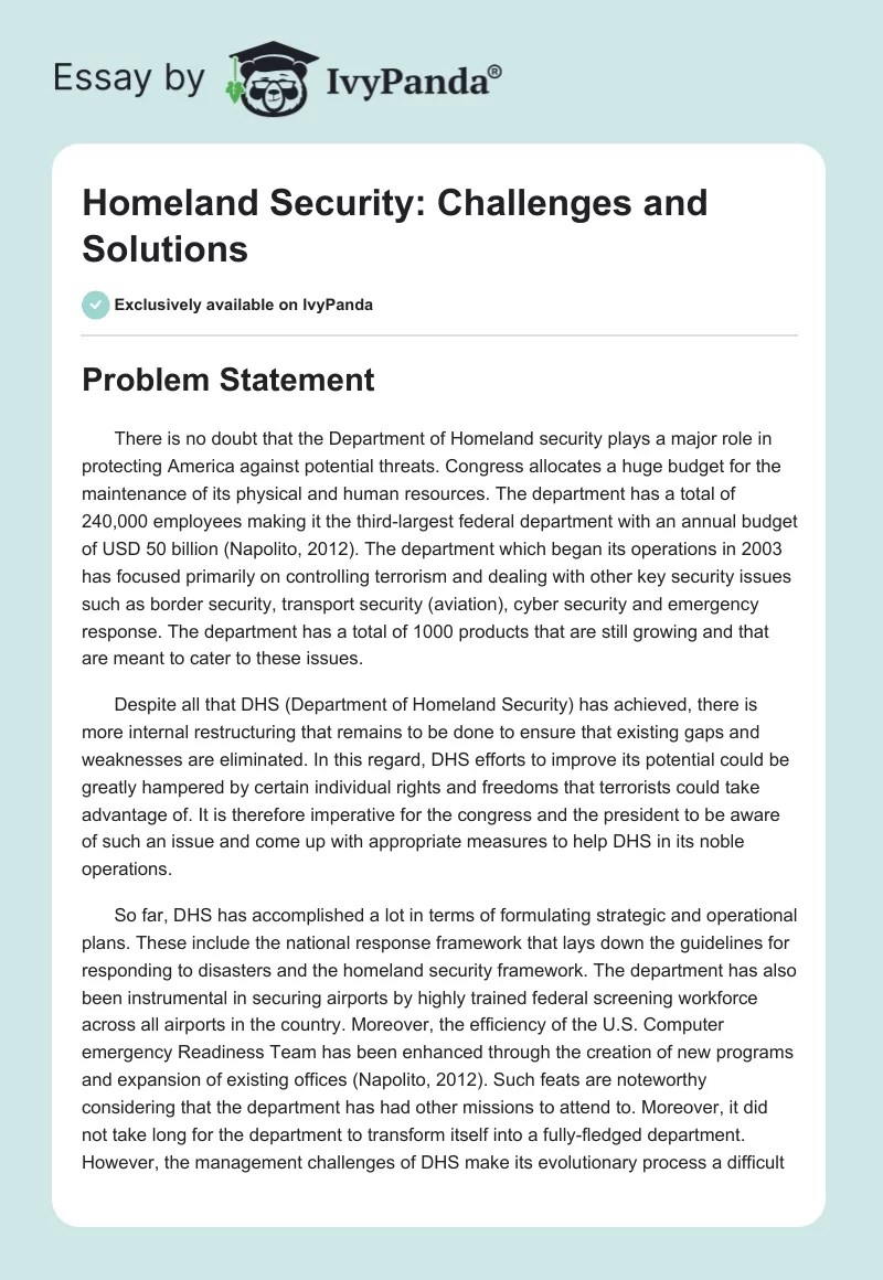 Homeland Security Challenges and Solutions 1924 Words Term Paper