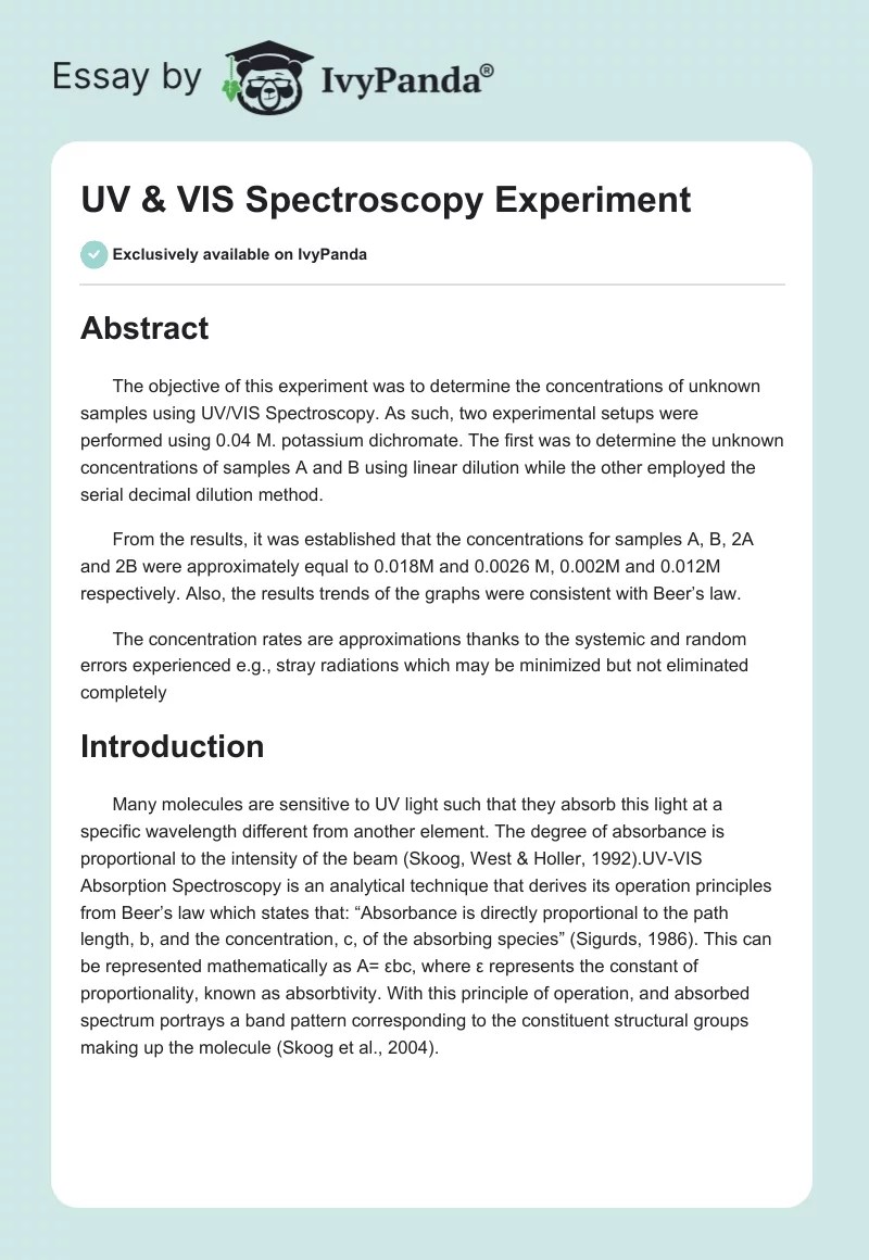 UV & VIS Spectroscopy Experiment 891 Words Essay Example