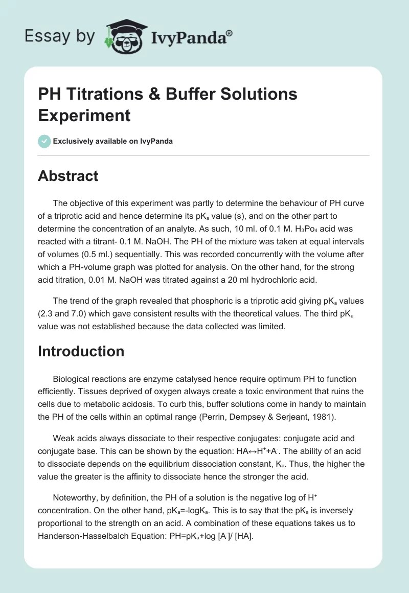 PH Titrations & Buffer Solutions Experiment 986 Words Essay Example