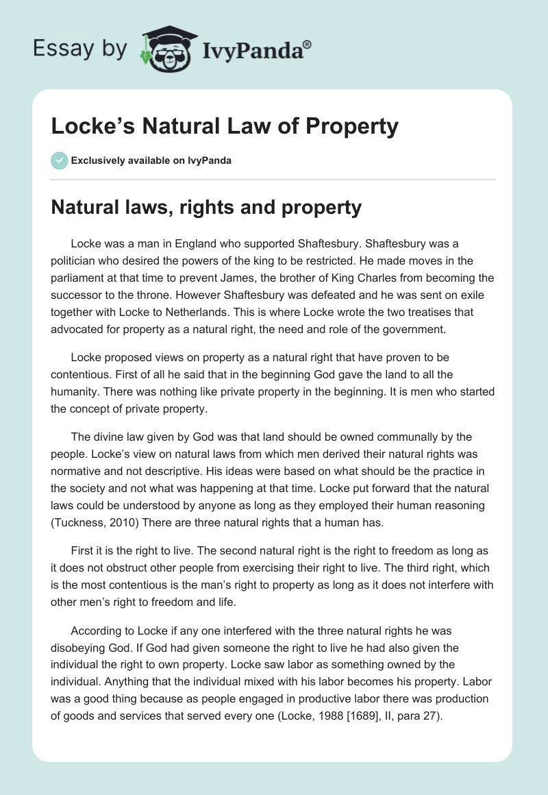 Locke's Natural Law of Property 1118 Words Essay Example