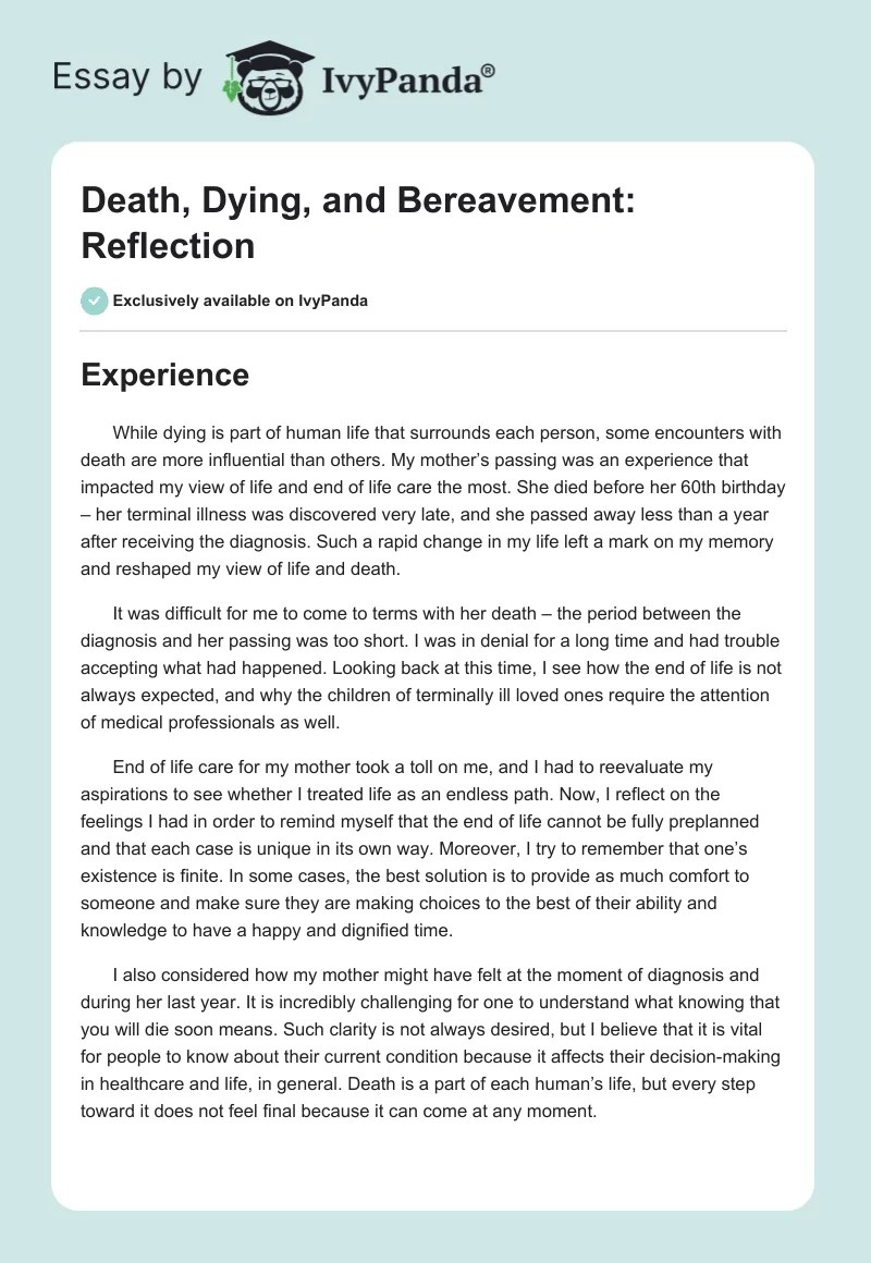Death, Dying, and Bereavement Reflection 1149 Words Essay Example