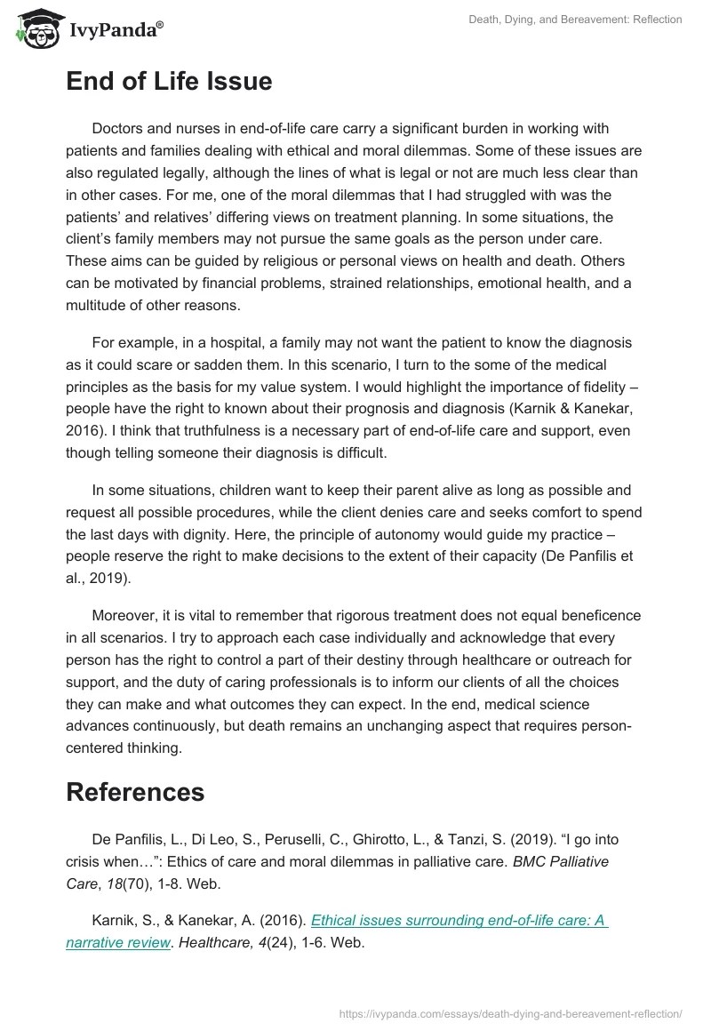 Death, Dying, and Bereavement Reflection 1149 Words Essay Example