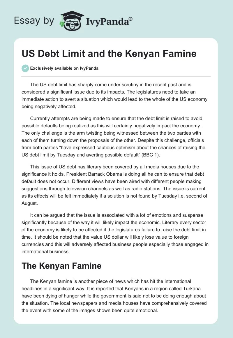 US Debt Limit and the Kenyan Famine 580 Words Critical Writing Example