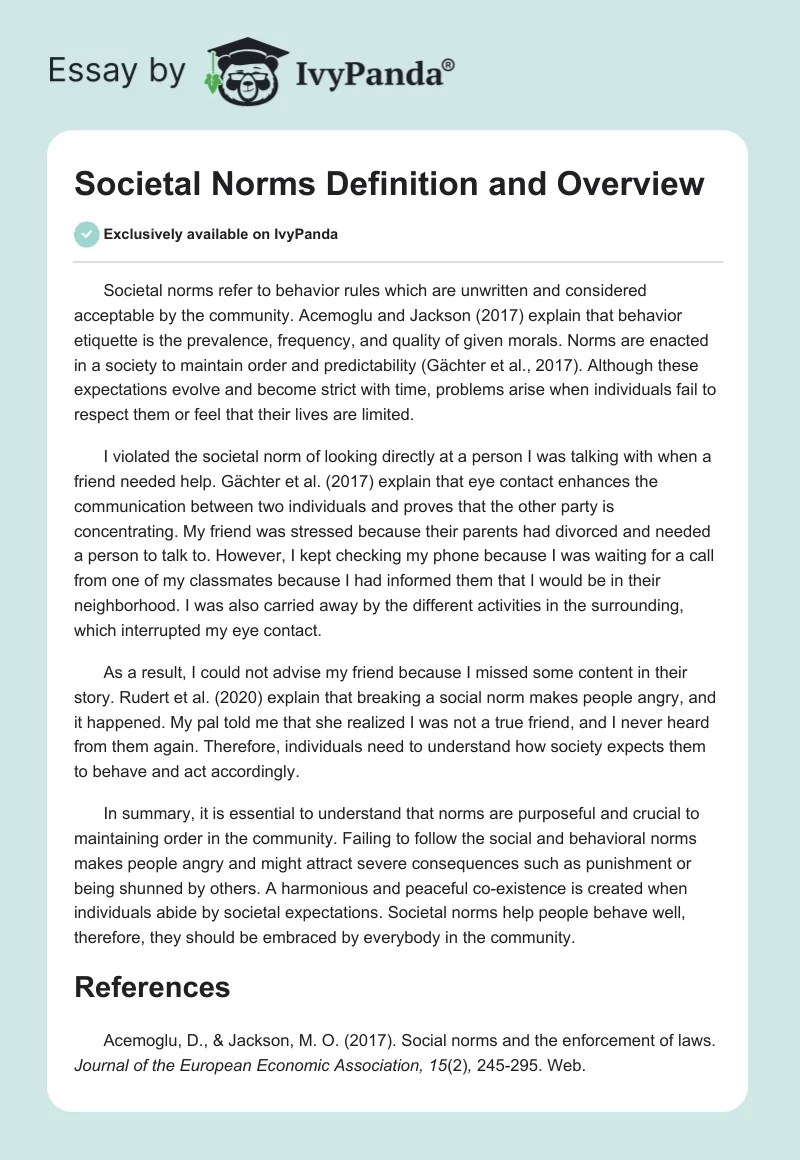 Societal Norms Definition and Overview 315 Words Essay Example