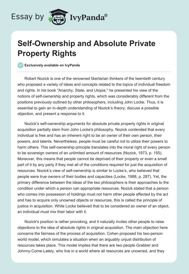 SelfOwnership and Absolute Private Property Rights 896 Words Essay