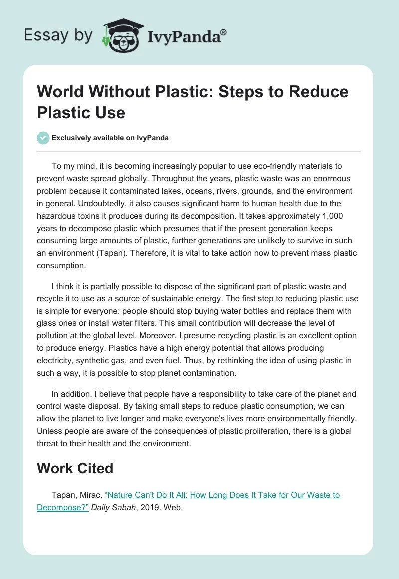 World Without Plastic Steps to Reduce Plastic Use 277 Words Essay Example
