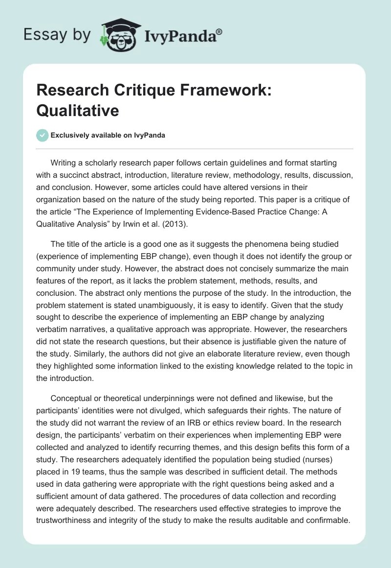 Research Critique Framework Qualitative 574 Words Essay Example