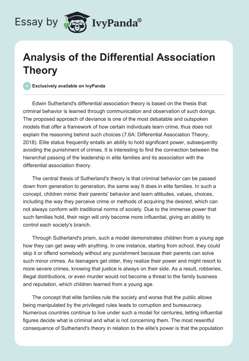 Analysis of the Differential Association Theory 599 Words Essay Example