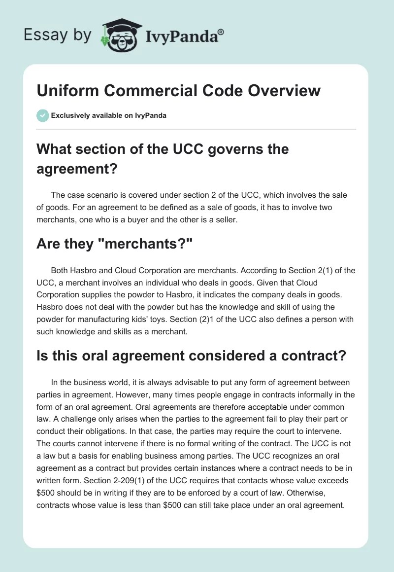 Uniform Commercial Code Overview 826 Words Case Study Example