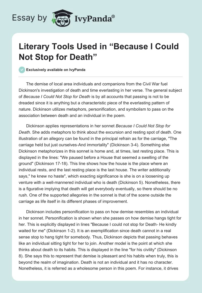 Literary Tools Used in "Because I Could Not Stop for Death" 599 Words