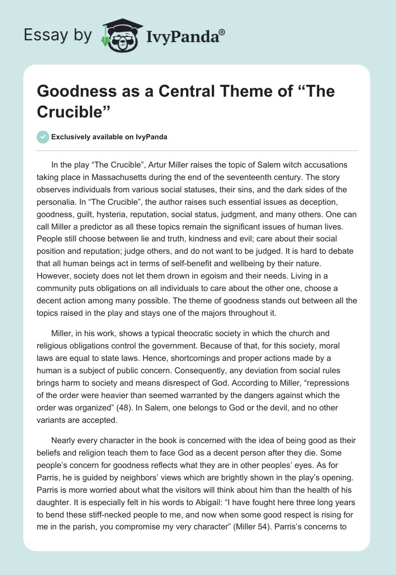 Goodness as a Central Theme of "The Crucible" 878 Words Essay Example