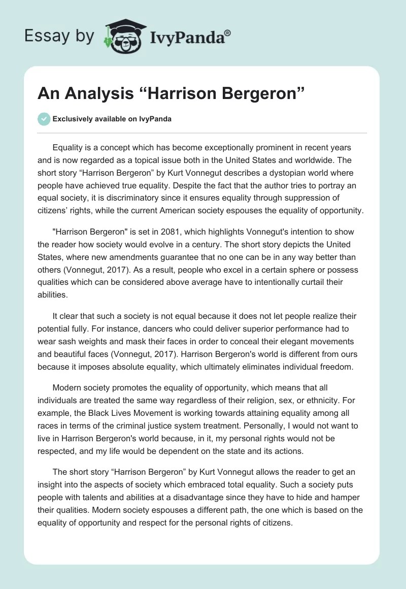 An Analysis "Harrison Bergeron" 362 Words Essay Example