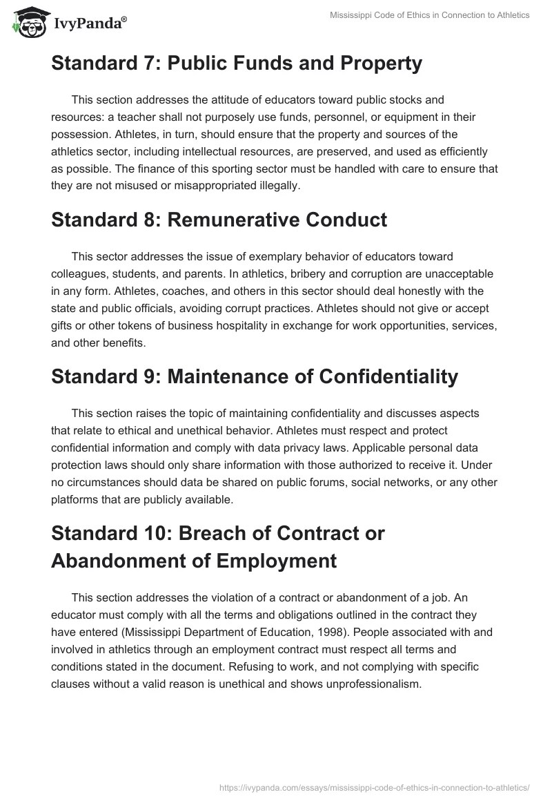 Mississippi Code of Ethics Connected to Athletics 947 Words Research Paper Example