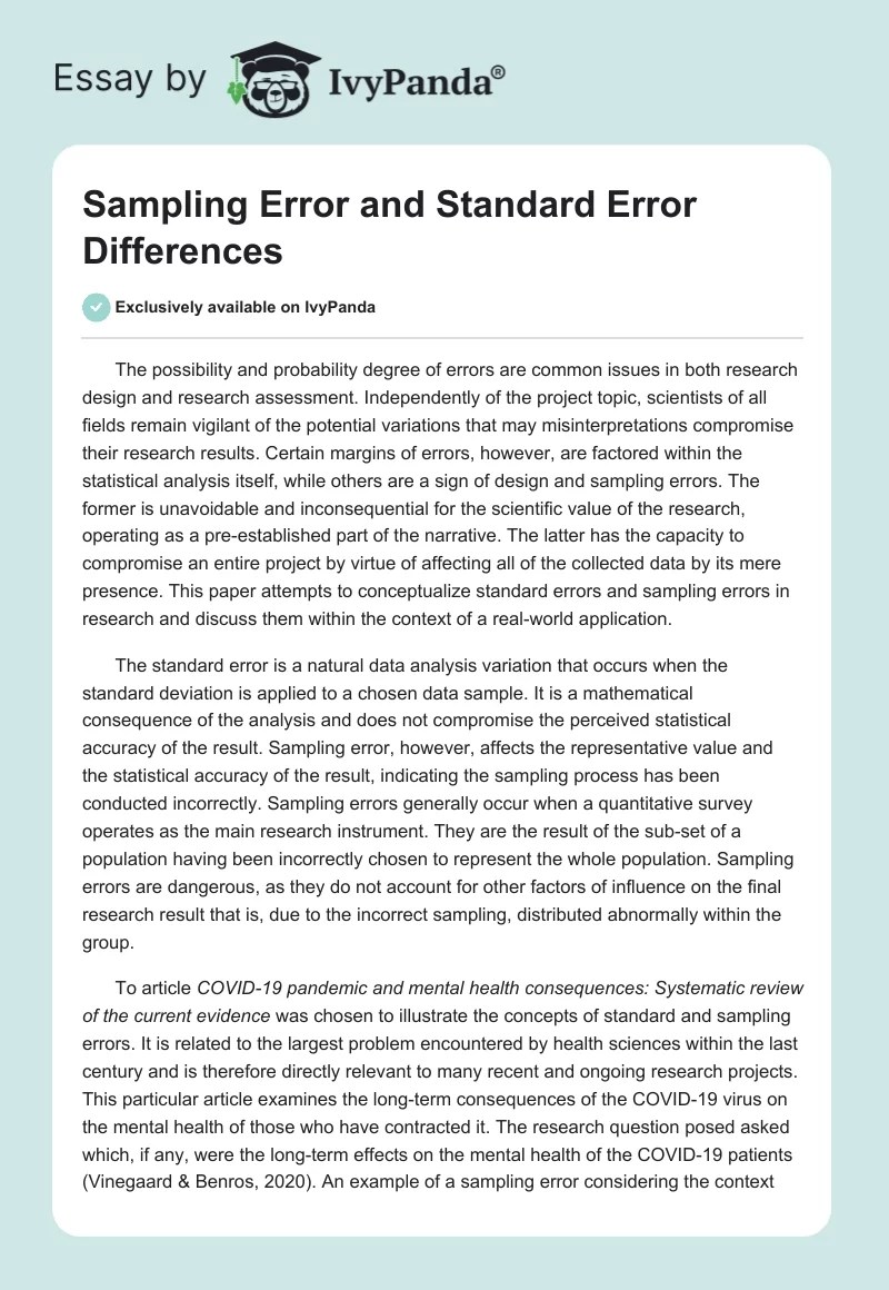 Sampling Error and Standard Error Differences 548 Words Essay Example