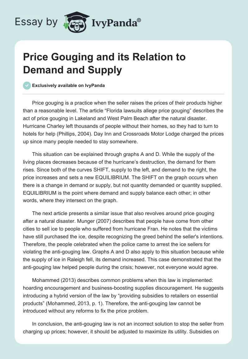 Price Gouging and its Relation to Demand and Supply 405 Words Essay Example