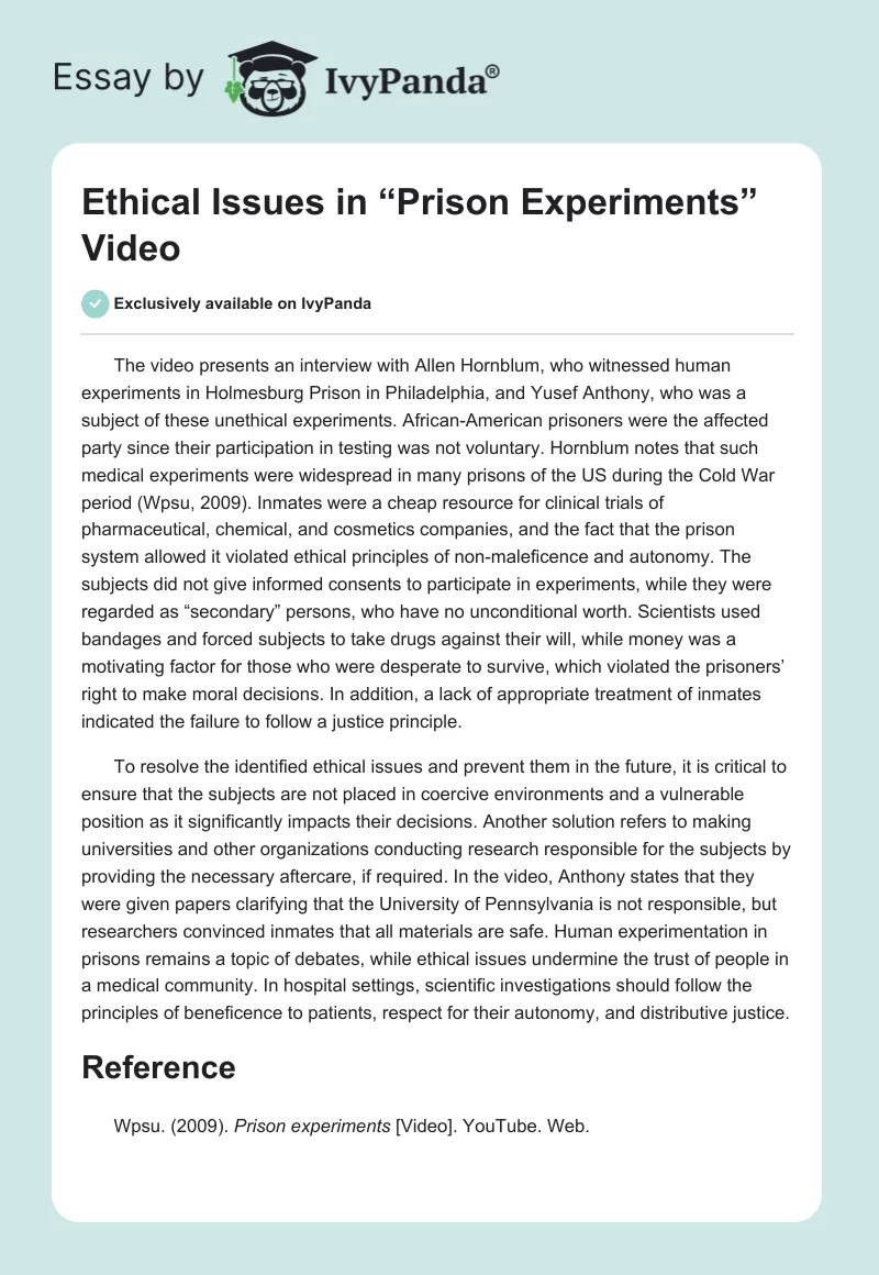 Ethical Issues in "Prison Experiments" Video 294 Words Essay Example