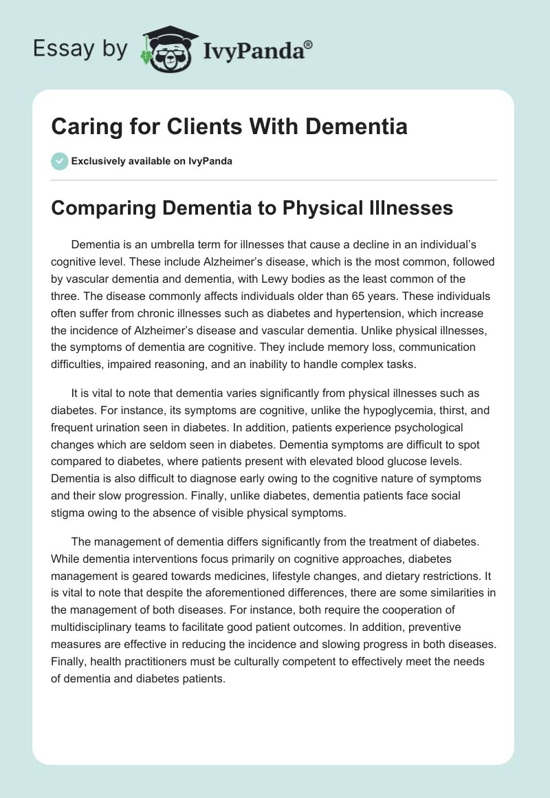 Caring for Clients With Dementia 1294 Words Essay Example