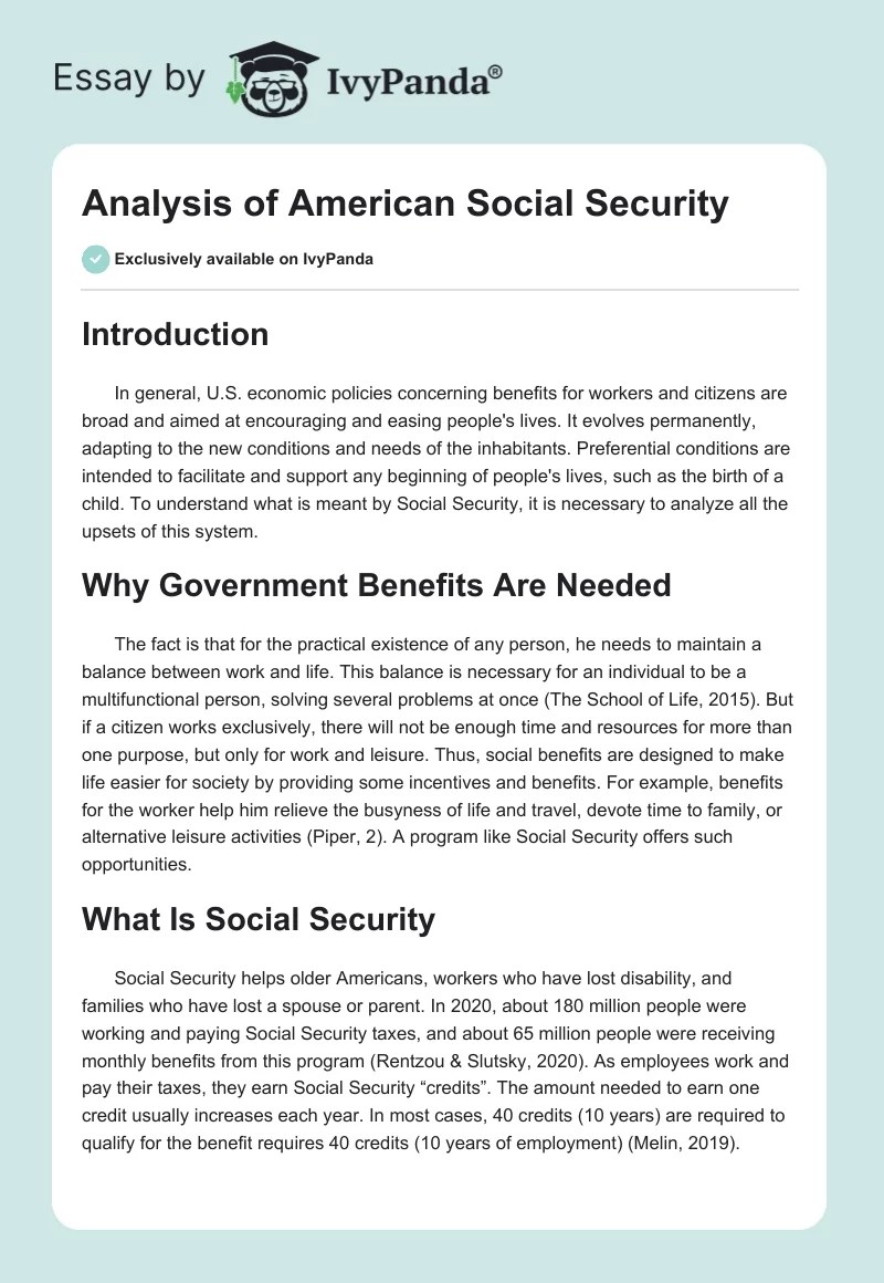 Analysis of American Social Security 899 Words Research Paper Example