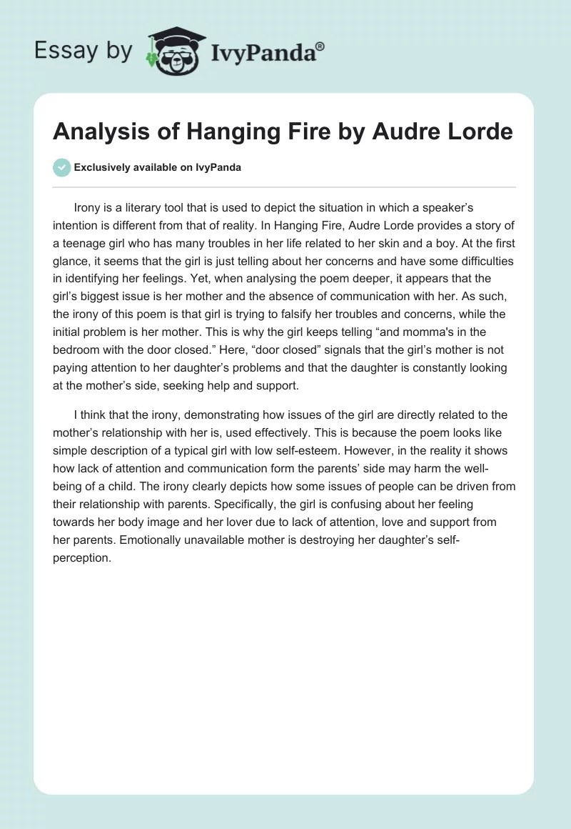 Analysis of "Hanging Fire" by Audre Lorde 281 Words Assessment Example