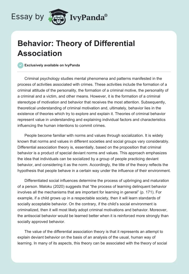 Behavior Theory of Differential Association 353 Words Essay Example