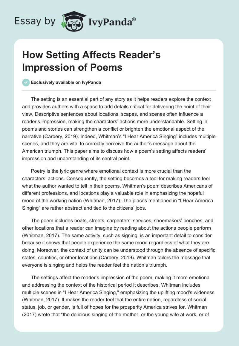 How Setting Affects Reader's Impression of Poems 564 Words Essay Example