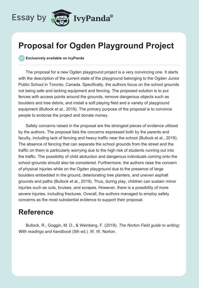 Proposal for Ogden Playground Project 278 Words Essay Example