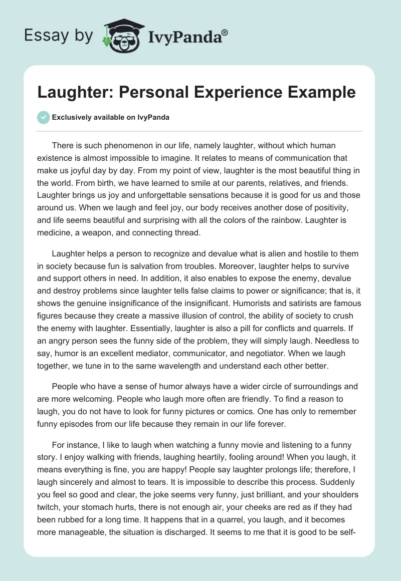 Laughter Personal Experience Example 1133 Words Essay Example