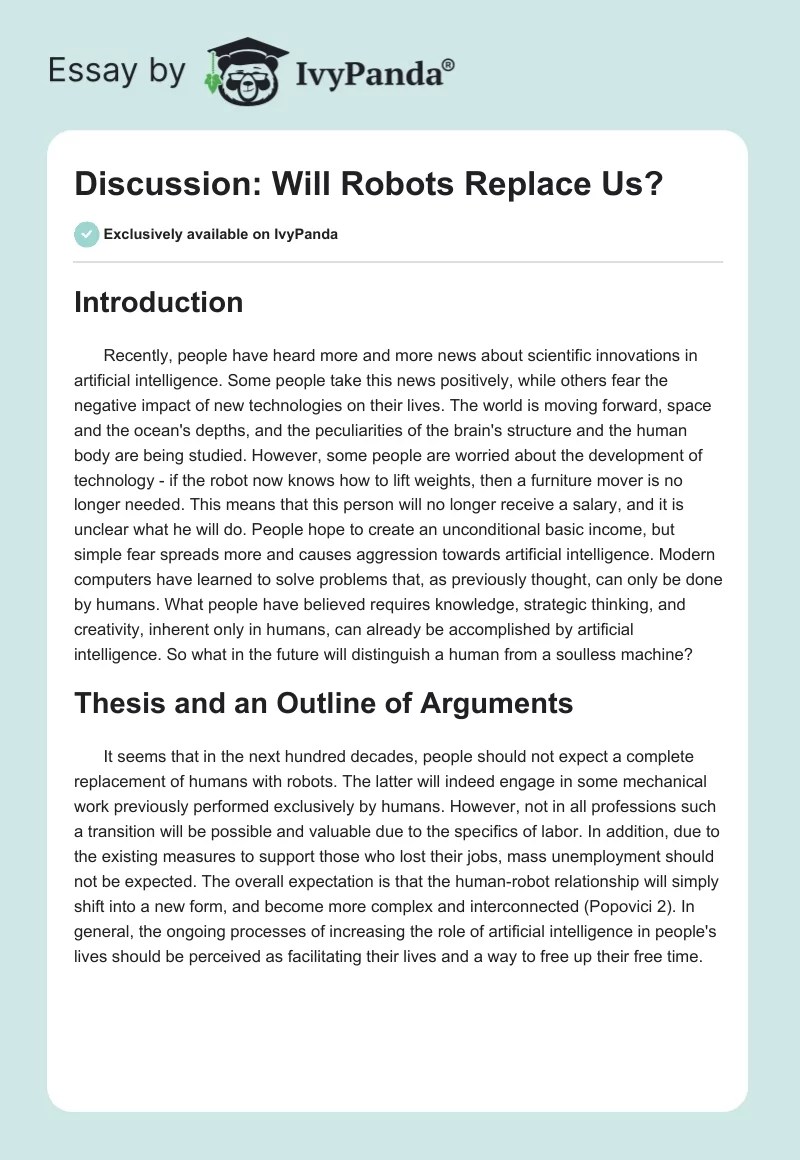 Discussion Will Robots Replace Us? 1678 Words Essay Example