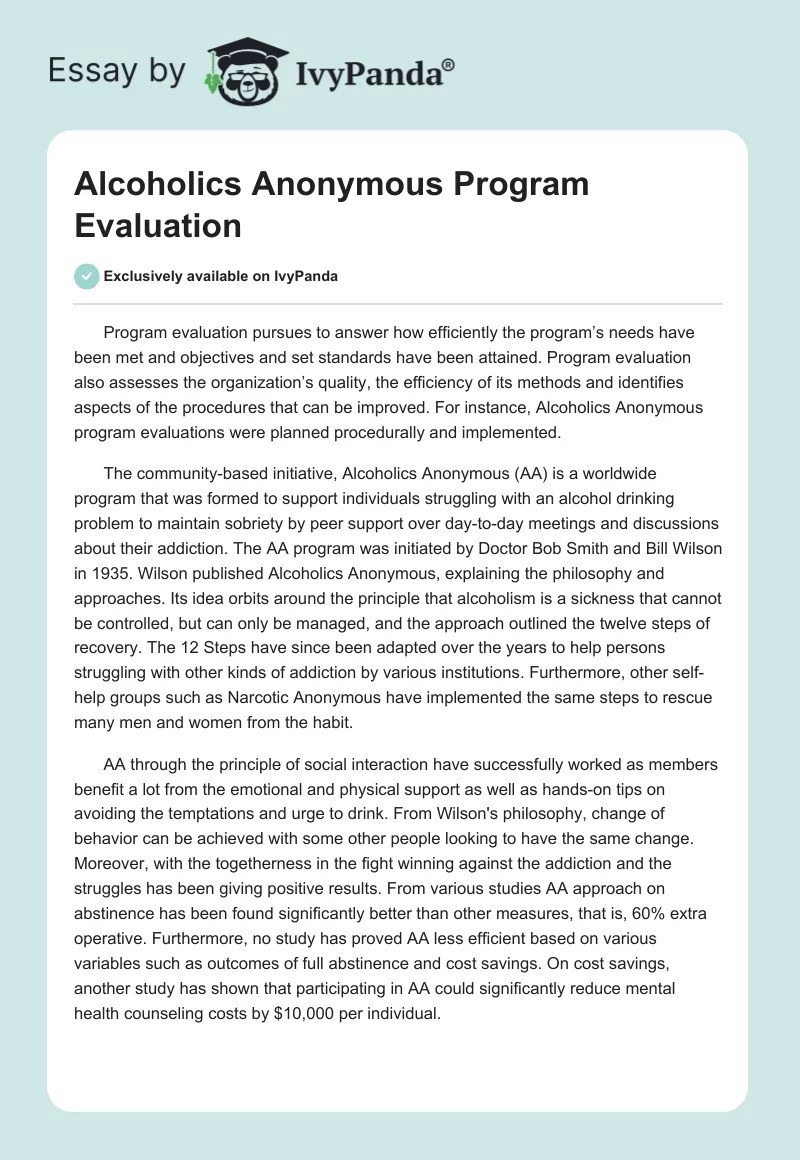 Alcoholics Anonymous Program Evaluation 321 Words Essay Example