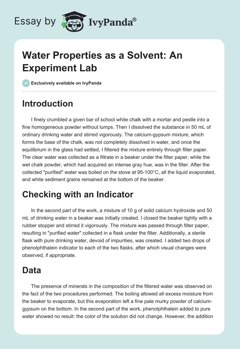 Water Properties as a Solvent An Experiment Lab 615 Words Essay