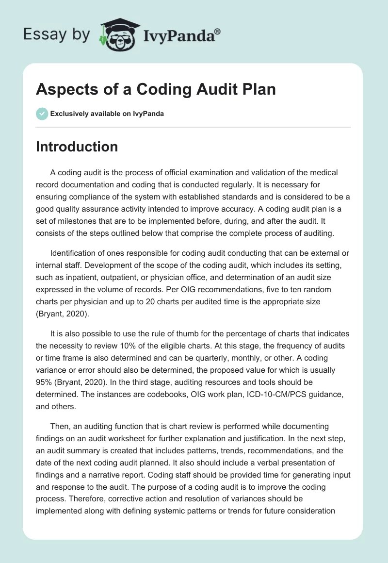 Aspects of a Coding Audit Plan 1086 Words Essay Example