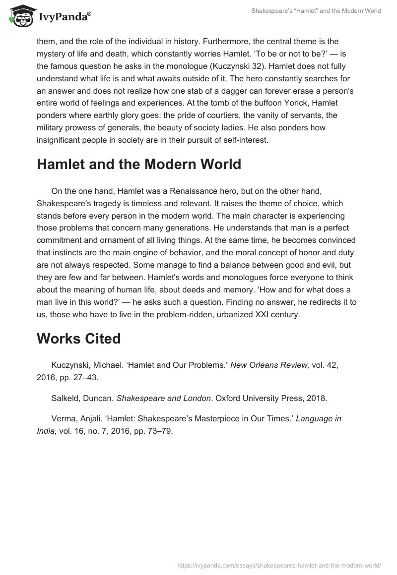 Shakespeare's "Hamlet" and the Modern World 586 Words Essay Example