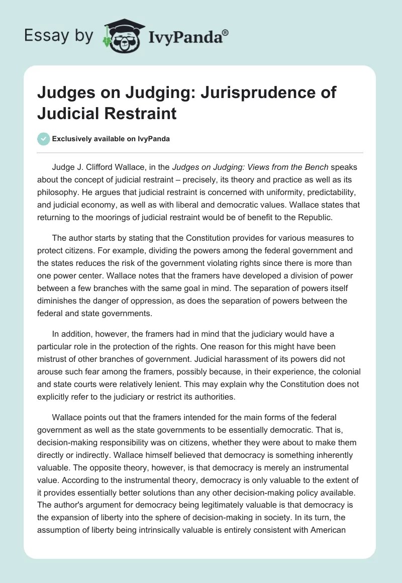 Judges on Judging Jurisprudence of Restraint 878 Words Research