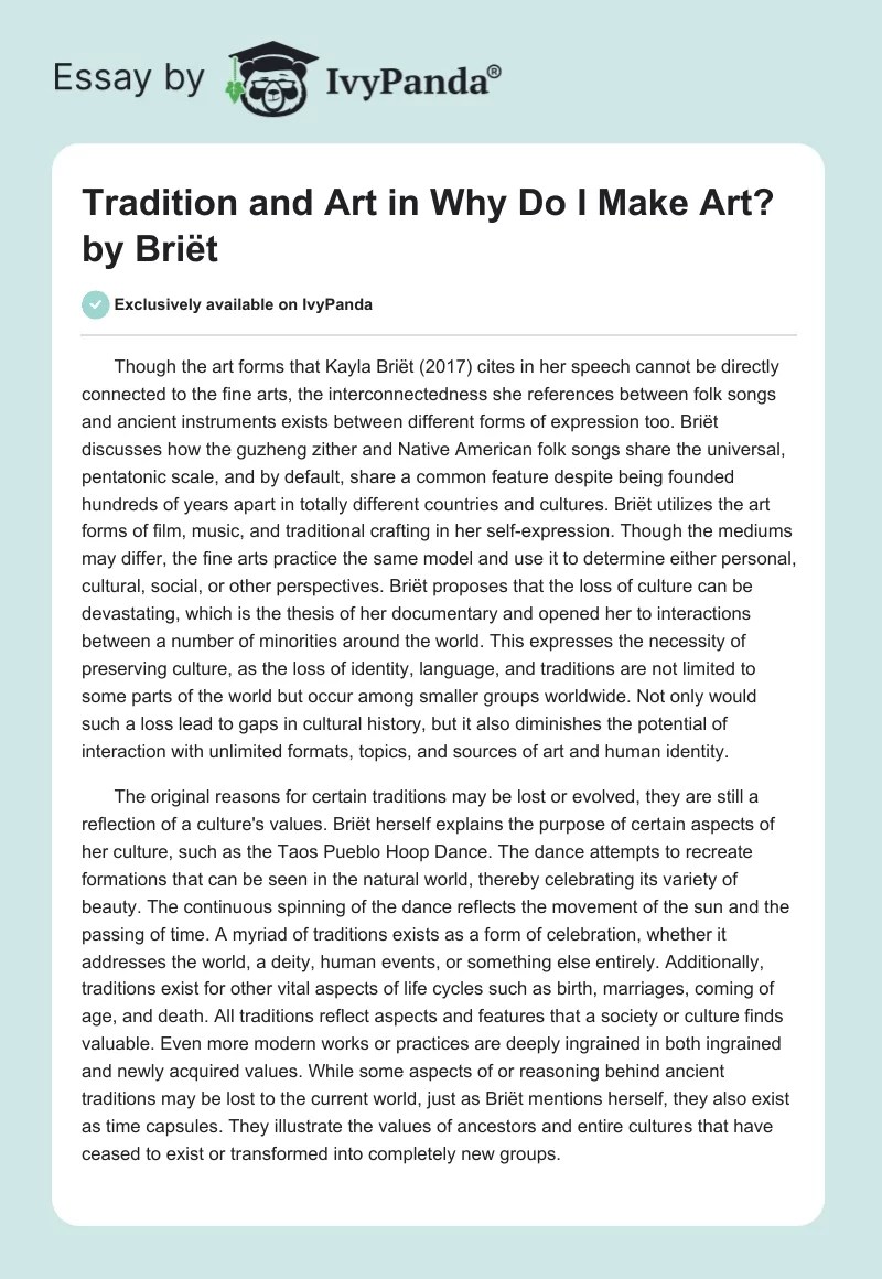 Tradition and Art in "Why Do I Make Art?" by Briët 618 Words Essay Example