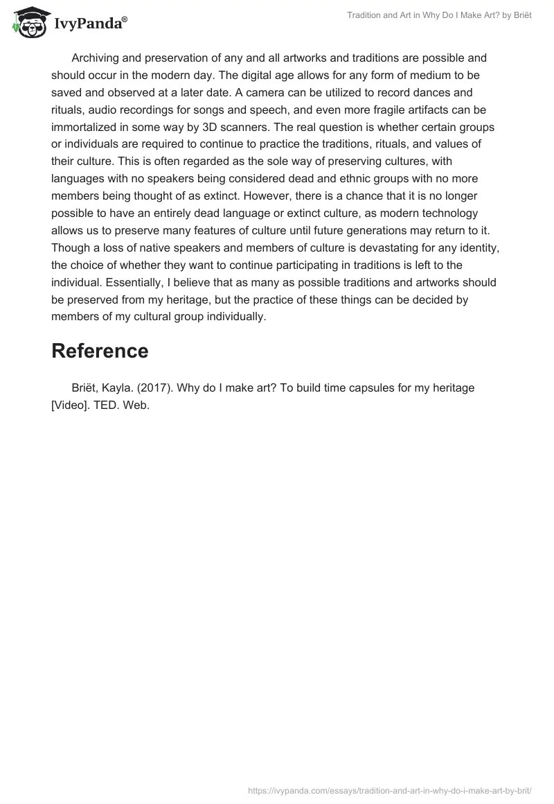 Tradition and Art in "Why Do I Make Art?" by Briët 618 Words Essay Example