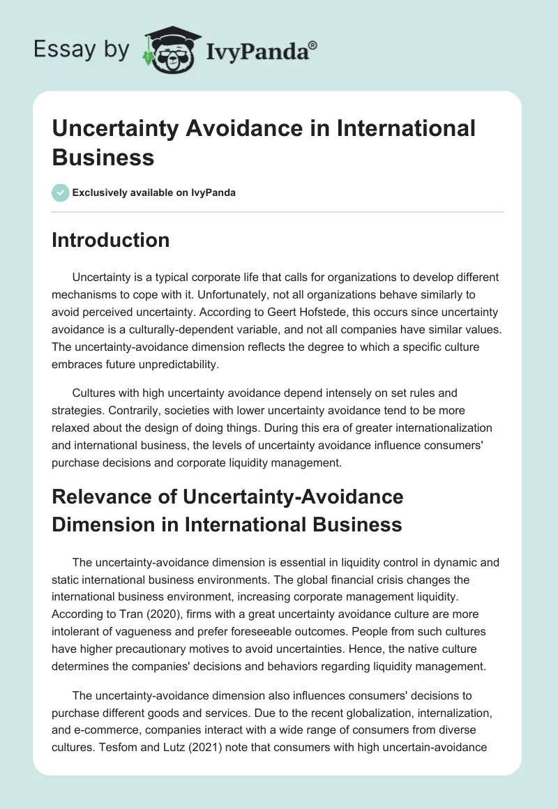 Uncertainty Avoidance in International Business 320 Words Essay Example