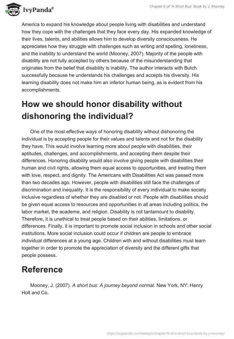 Chapter 6 of "A Short Bus" Book by J. Mooney 1213 Words Essay Example