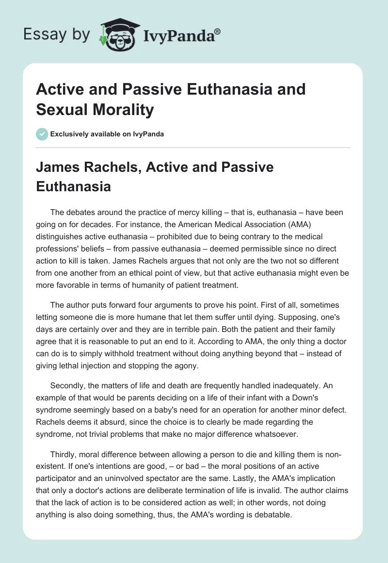 "Active and Passive Euthanasia" and "Sexual Morality" 686 Words