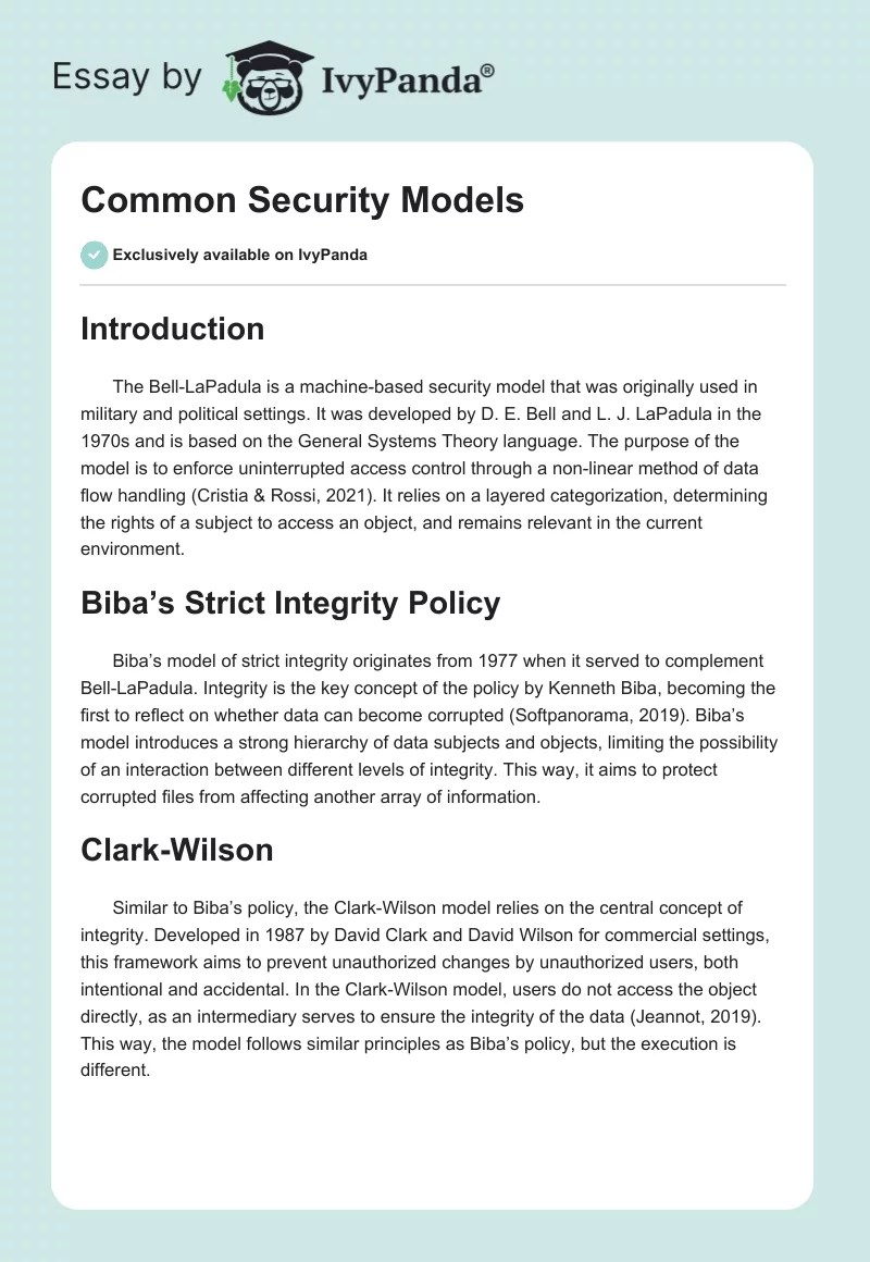 Common Security Models 614 Words Research Paper Example