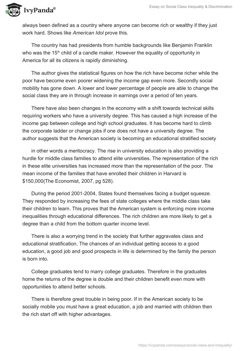 Essay on Social Class Discrimination and Inequality